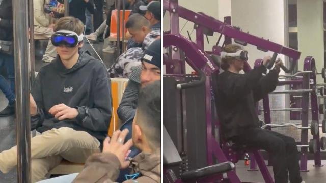 Una persona usando Apple Vision Pro en el metro y otra en el gimnasio.