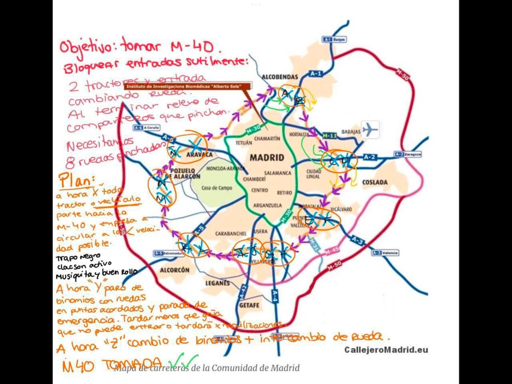 Mapa de la Comunidad de Madrid con los cortes que los tractores deberían hacer para bloquear la M-40 y colapsar Madrid.