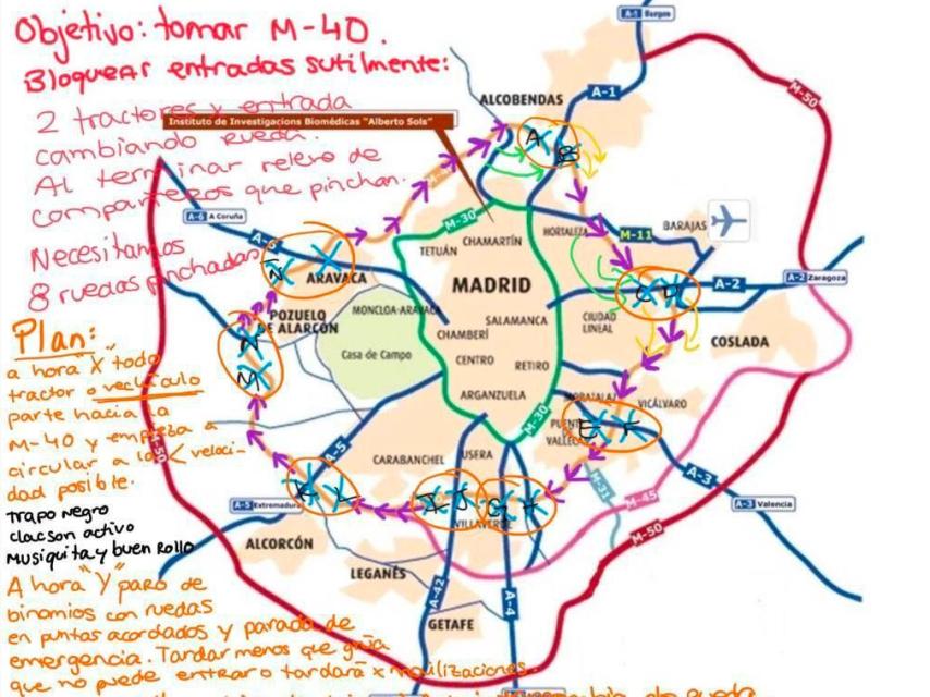 Mapa de la Comunidad de Madrid con los cortes que los tractores deberían hacer para bloquear la M-40 y colapsar Madrid.
