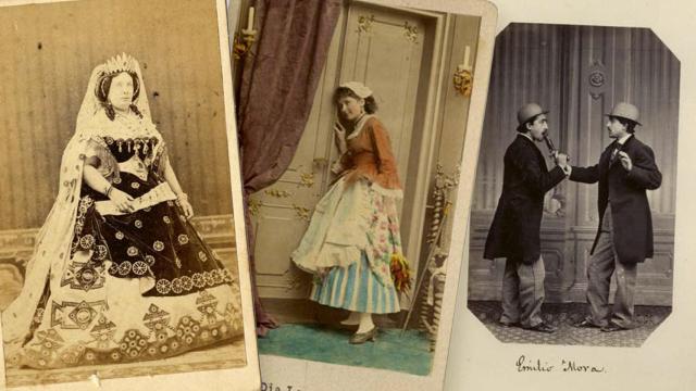 De izquierda a derecha, Alonso Martínez y hermano: 'Retrato de la reina Isabel II disfrazada de Esther', h. 1863-64; Desconocido: 'Retratos iluminados de una fotonovela alemana', h. 1875; Jean Laurent: 'Emilio Mora intenta disuadir del suicidio a otro, que es él mismo', h. 1868-72