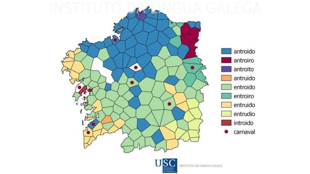 Mapa sobre las variantes de la palabra Carnaval en Galicia.