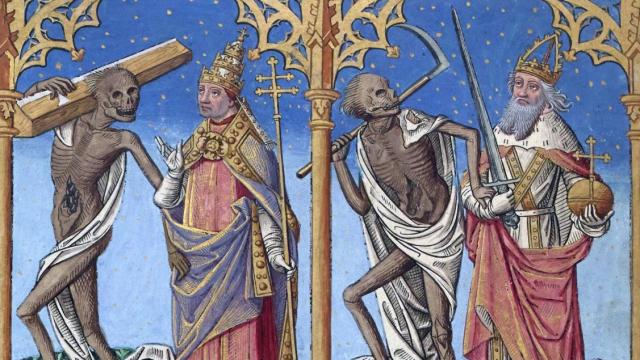 Ilustración medieval de Antoine Vérard que representa a un papa y un emperador.