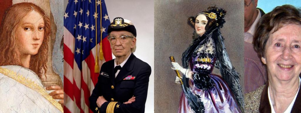 Retratos de Hipatia de Alejandría , Grace Hopper, Ada Lovelace y Margarita Salas.