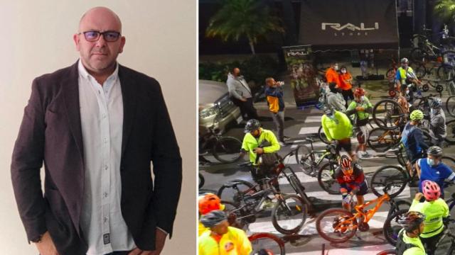 Germán Bañuls y una de sus tiendas de bicicletas.