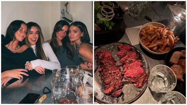 A la izquierda, Victoria Federica, Marta Díaz, María Pombo y Laura Escanes. A la derecha, el chuletón.