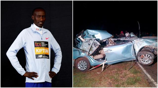 Kiptum, en una imagen de archivo, y el estado del coche tras el accidente mortal