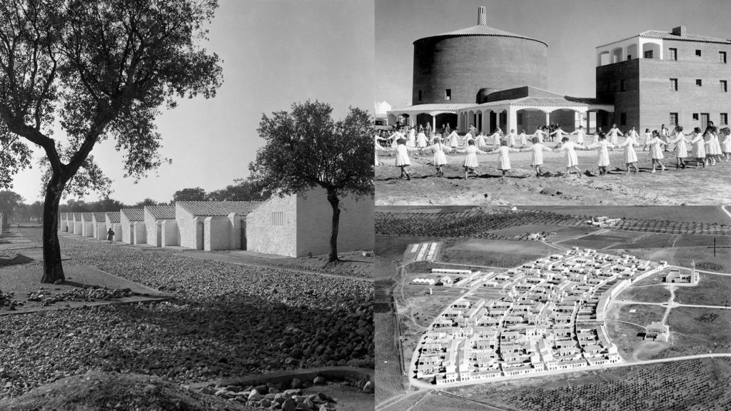 De izquierda a derecha, de arriba abajo, calle de Vegaviana (Cáceres), h. 1958. Foto: Joaquín del Palacio, Kindel.  Entrerríos (Badajoz), del arquitecto Alejandro de la Sota. Foto: © Archivo MAGRAMA.  Vista de Esquivel (Sevilla) de Alejandro de la Sota. Foto:   © Archivo MAGRAMA