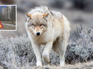 Imagen de archivo de un lobo junto a una de las señales de peligro por radioactividad en Chernóbil.