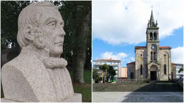Busto del científico José Rodríguez en Bermés y la iglesia de Santa María das Dores de Lalin.