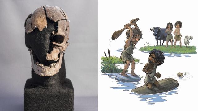 El cráneo del hombre de Vittrup y una recreación artística de su muerte.