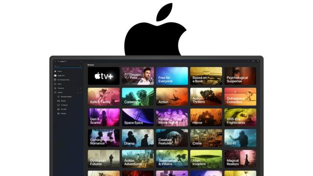 Fotomontaje con un ordenador ejecutando Apple TV y el logo de la compañía.