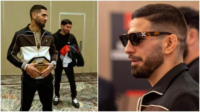 Ilia Topuria posa con el cinturón de campeón de Alexander Volkanovski