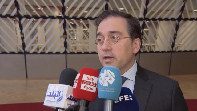 El ministro de Exteriores, Jose Manuel Albares, durante su comparecencia de este lunes en Bruselas