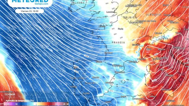 Mapa de Meteored con un cambio drástico de las temperaturas para este fin de semana