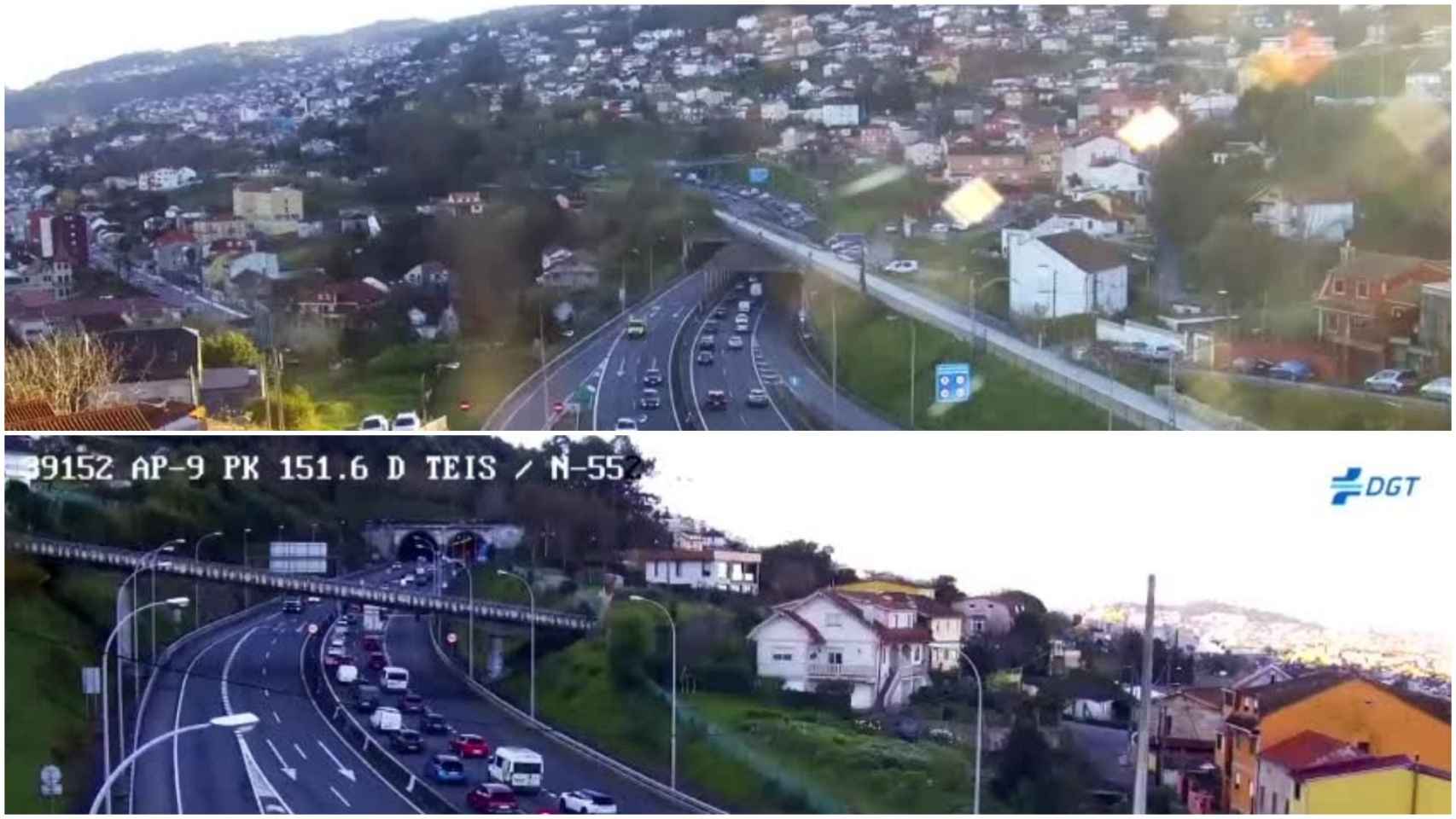 Imágenes de las retenciones en la AP-9 la altura de Vigo.