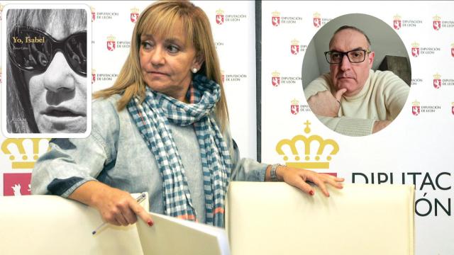 Isabel Carrasco con la portada del libro a la izquierda y el autor, Javier Calvo, a a la derecha