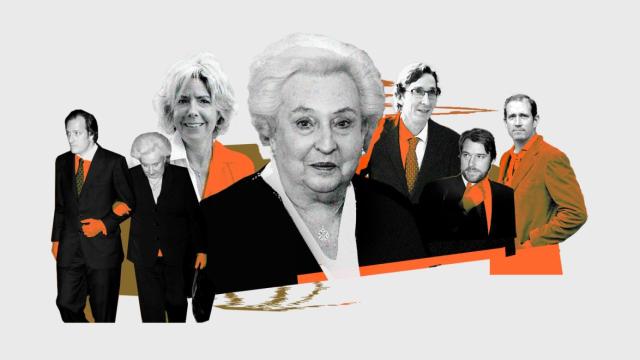 De izquierda a derecha, Juan Gómez-Acebo con su madre, Simoneta Gómez-Acebo, la infanta Pilar, Fernando, Beltrán y Bruno Gómez-Acebo.