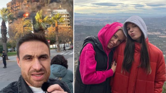 Vladímir Livhan (i) durante el incendio de Valencia; a la derecha, su hermana Viktoria y la hija de esta, Mia, en una imagen de archivo