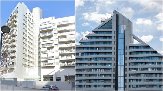 A la izquierda, el edificio de General Avilés antes de ser devorado por las llamas; a la derecha, el Navis de Mislata (Valencia). EE - Efe / Biel Aliño