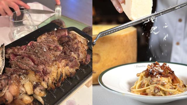 A la izquierda, un chuletón del restaurante Meat Market, y a la derecha, linguini de Santa Rita.