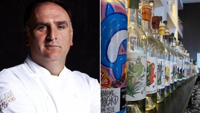 José Andrés y botellas de Mezcal.
