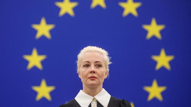 La viuda de Navalny, durante su comparecencia este miércoles ante el pleno de la Eurocámara en Estrasburgo