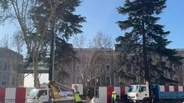 Obras de la ampliación de la L11 de Metro de Madrid que afectan al arbolado en los Jardines de Jimena Quirós, en Atocha.