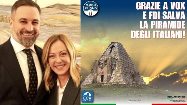 Santiago Abascal, Georgia Meloni, y una imagen del cartel difundido por FDI en agradecimiento a Vox