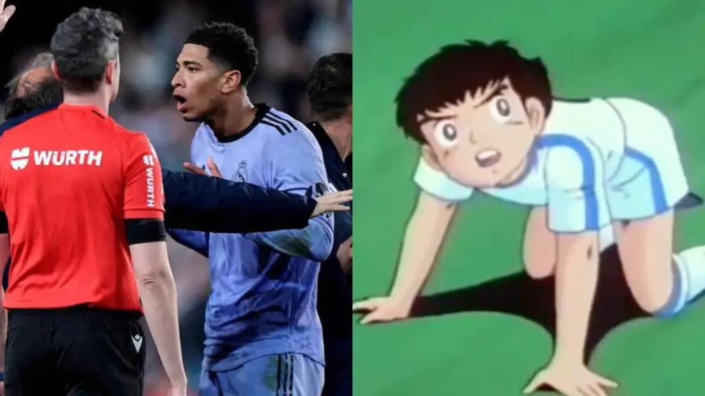 Bellingham en el partido contra el Valencia y una escena de 'Campeones: Oliver y Benji'.