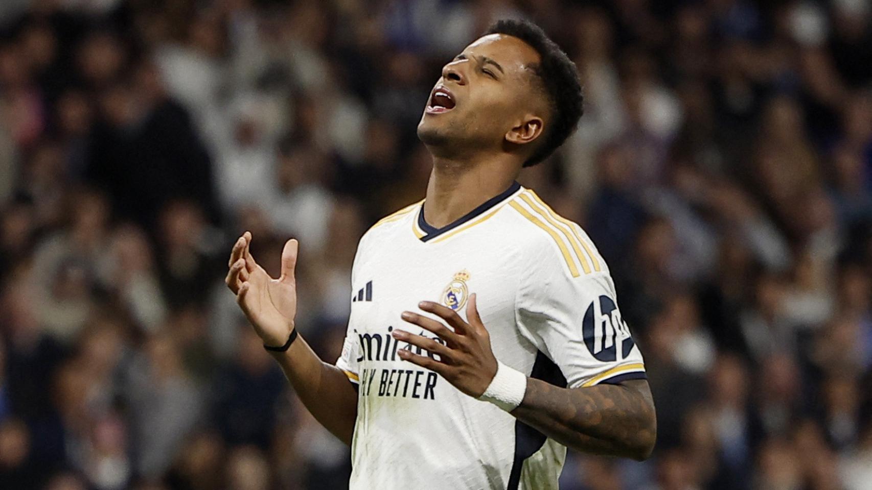 Rodrygo se lamenta de una acción fallada en el partido ante el Leipzig.