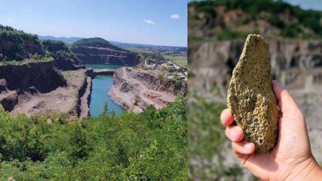 Vista panorámica de la cantera de Korolevo y uno de los artefactos hallados en el yacimiento.