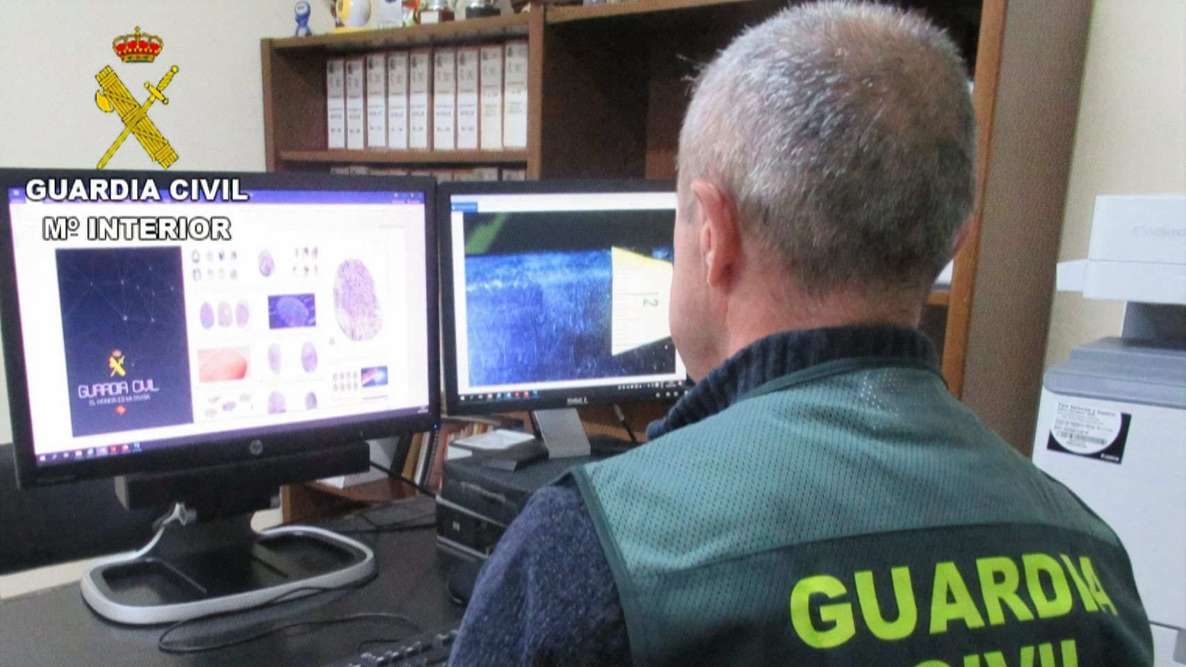 Un agente de la Guardia Civil revisando información en un ordenador.