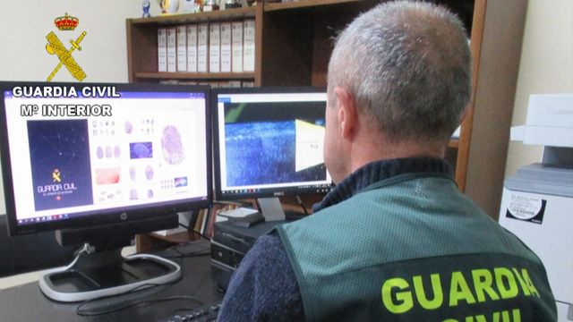 Un agente de la Guardia Civil revisando información en un ordenador.