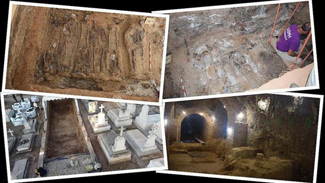 Trabajos de la ARMH. Arriba a la izquierda: restos óseos en el Cementerio del Carmen. Arriba a la derecha: trabajos de recuperación en el Cementerio del Carmen. Abajo a la izquierda: una fosa en el Cementerio del Carmen. Abajo a la derecha: la bodega en la Finca de los Alfredos de Medina del Campo