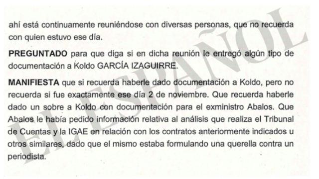 Fragmento de la declaración ante la UCO del subsecretario de Transportes.