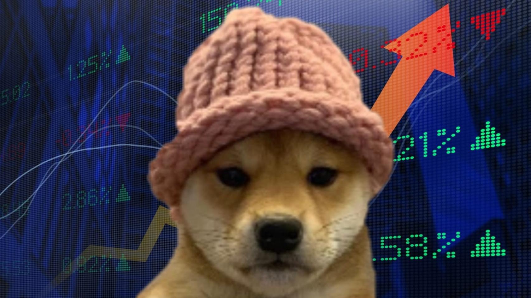 Imagen de la criptomoneda meme Dogwifhat sobre un gráfico ascendente de cotización.