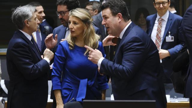 La vicepresidenta Yolanda Díaz, durante la reunión de ministros de Empleo de este lunes en Bruselas
