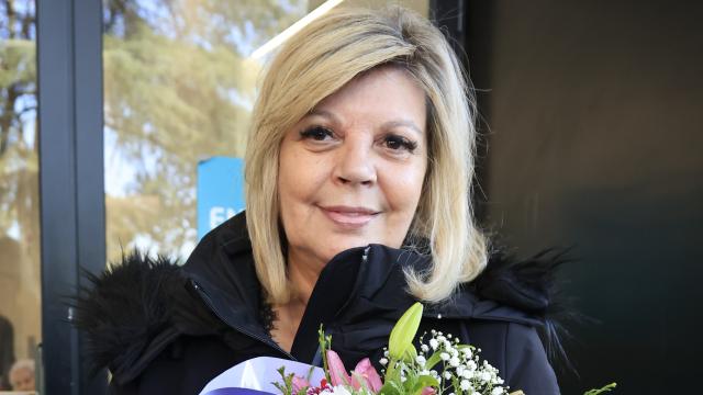 Terelu Campos, tras recibir el alta este martes, 12 de marzo, en la Fundación Jiménez Díaz.