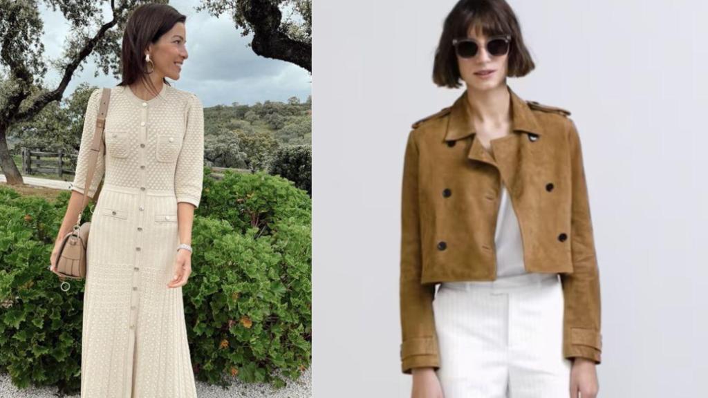 El vestido y la cazadora de Virginia Troconis en un fotomontaje de EL ESTILO de EL ESPAÑOL.
