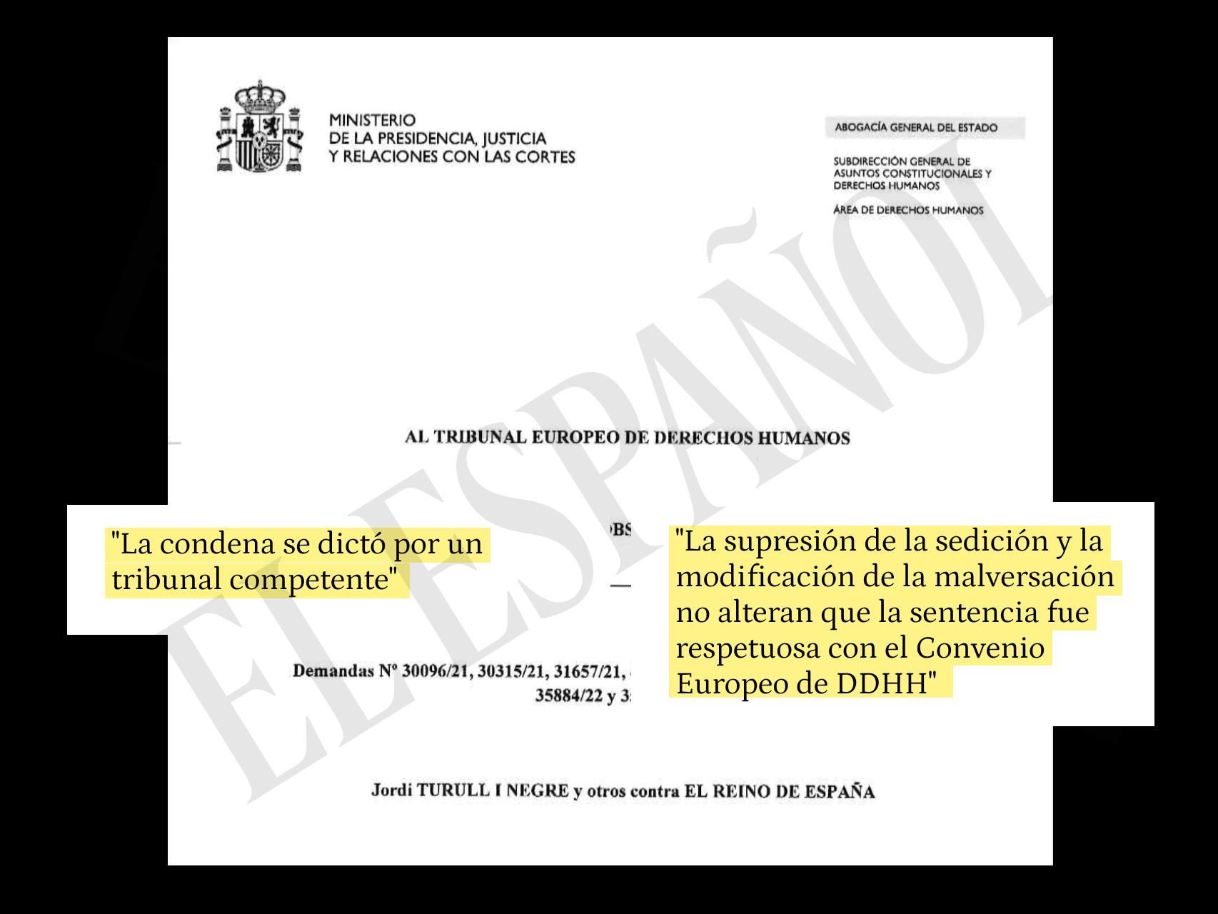 Primera página y algunas afirmaciones del escrito de observaciones de la Abogacía del Estado sobre la condena del 'procés'./