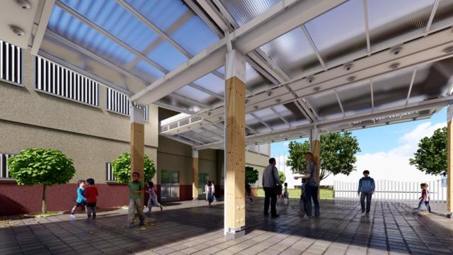 Techo refrigerado instalado en el patio de una escuela de Primaria en Sevilla.