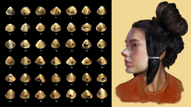 Conos de oro hallados en la tumba de Orihuela y recreación del aspecto de la princesa de los Cárpatos.