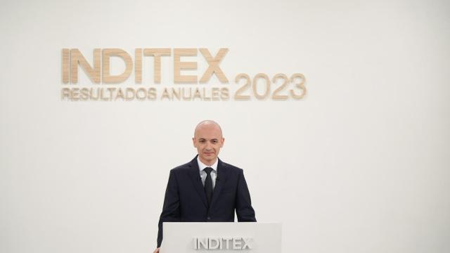 El consejero delegado de Inditex, Óscar García Maceiras, durante la presentación de los resultados del ejercicio 2023