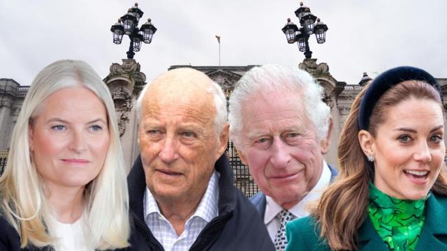 Montaje de Mette Marit, Harald de Noruega, Carlos III de Inglaterra y Kate Middleton.