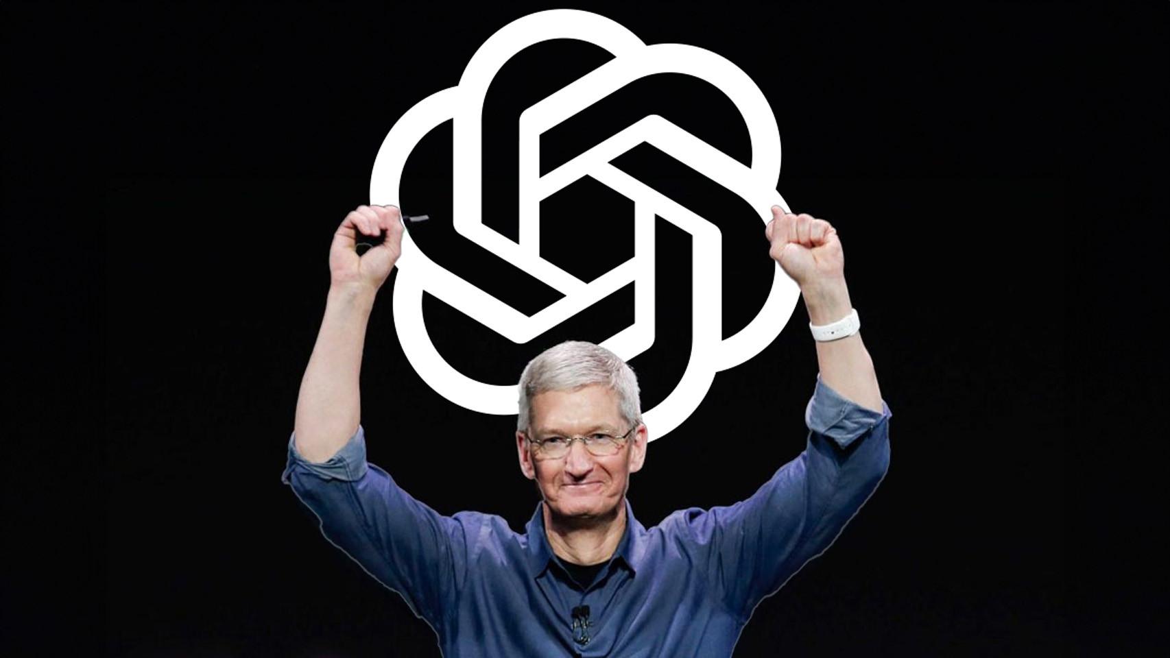 Fotomontaje con Tim Cook y el logo de OpenAI, usado para representar a ChatGPT.