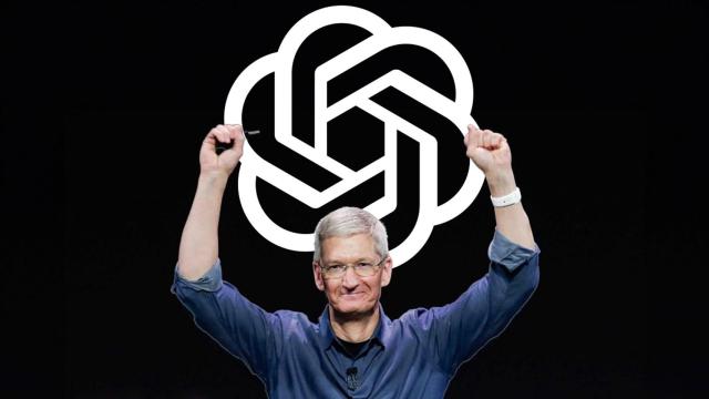 Fotomontaje con Tim Cook y el logo de OpenAI, usado para representar a ChatGPT.