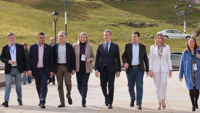 El presidente del PP, Alberto Núñez Feijóo, a su llegada a las jornadas 'Diputaciones, cabildos y consells: por un futuro en igualdad' en Ávila, este viernes.