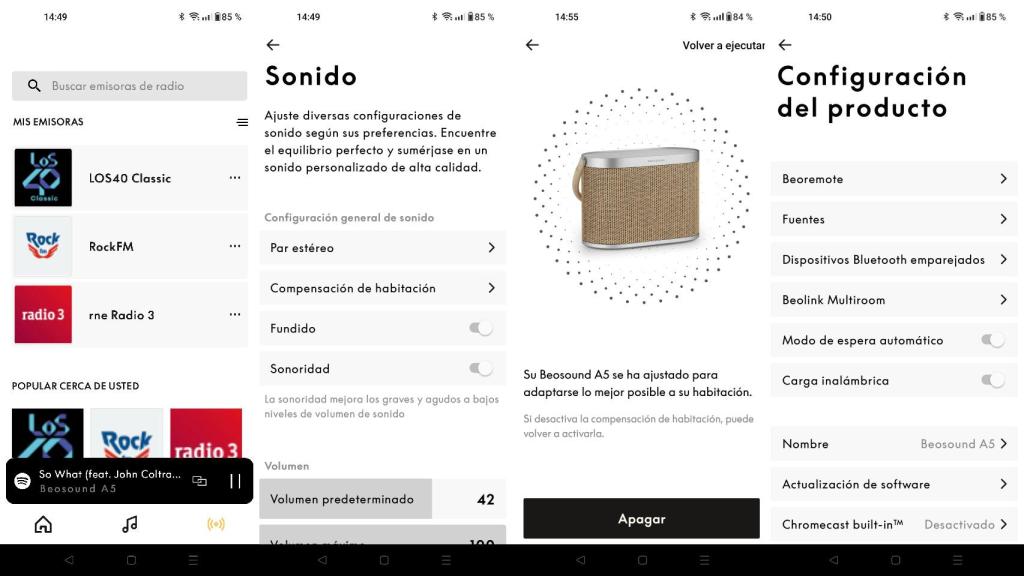 Pantallazos de la aplicación de B&O