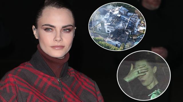 Cara Delevingne junto a dos imágenes, del incendio y de su reacción devastada, en un fotomontaje de EL ESPAÑOL.