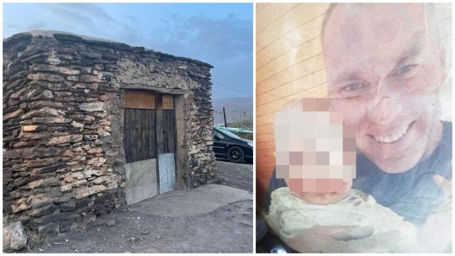 A la izquierda, la casa en la que mató a las niñas. A la derecha, Cristian con una de ellas en las manos.